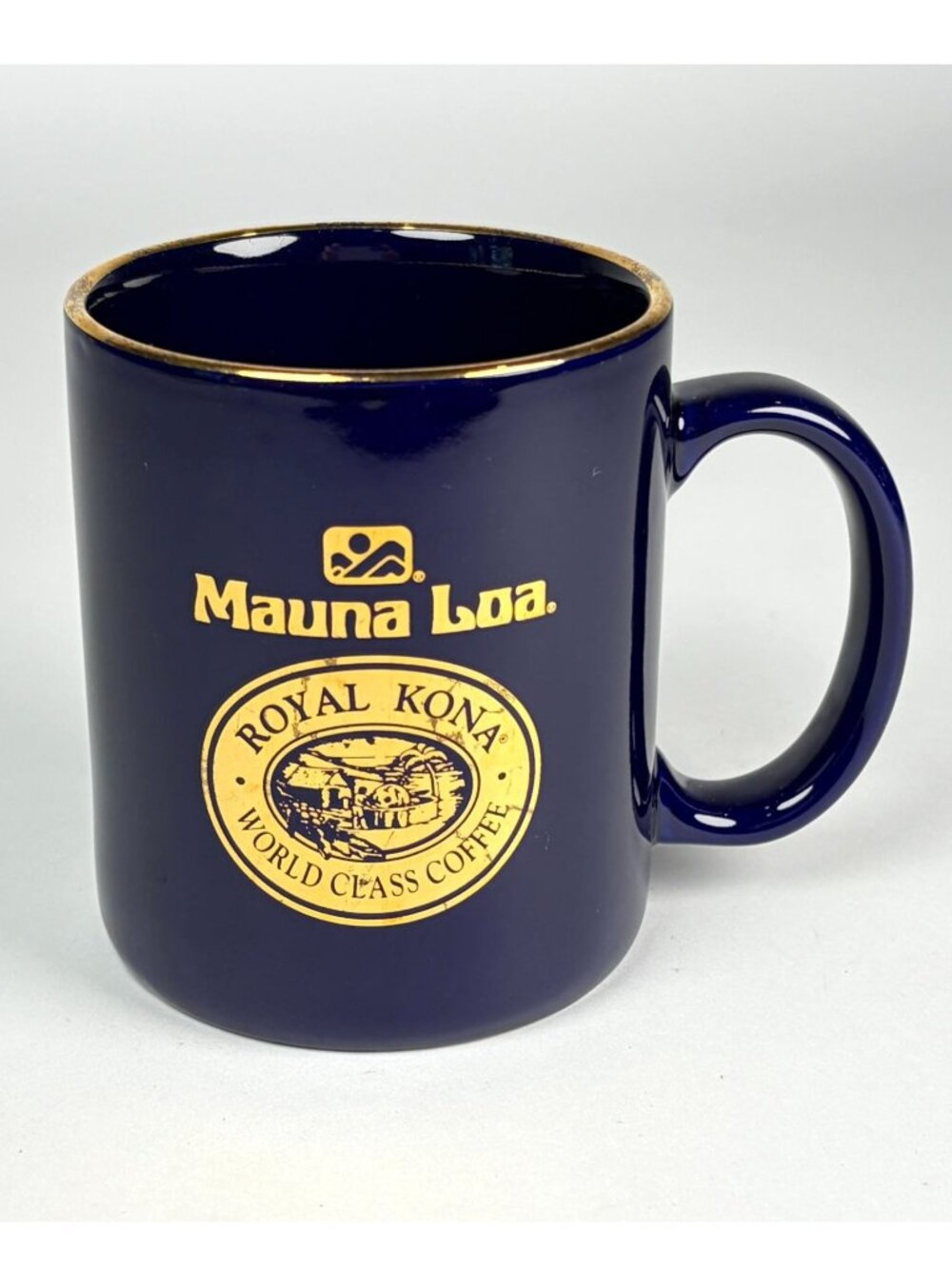 Mauna Loa Royal Kona Coffee Mug Ceramic Navy Blue Gold Tone Trim Vintage